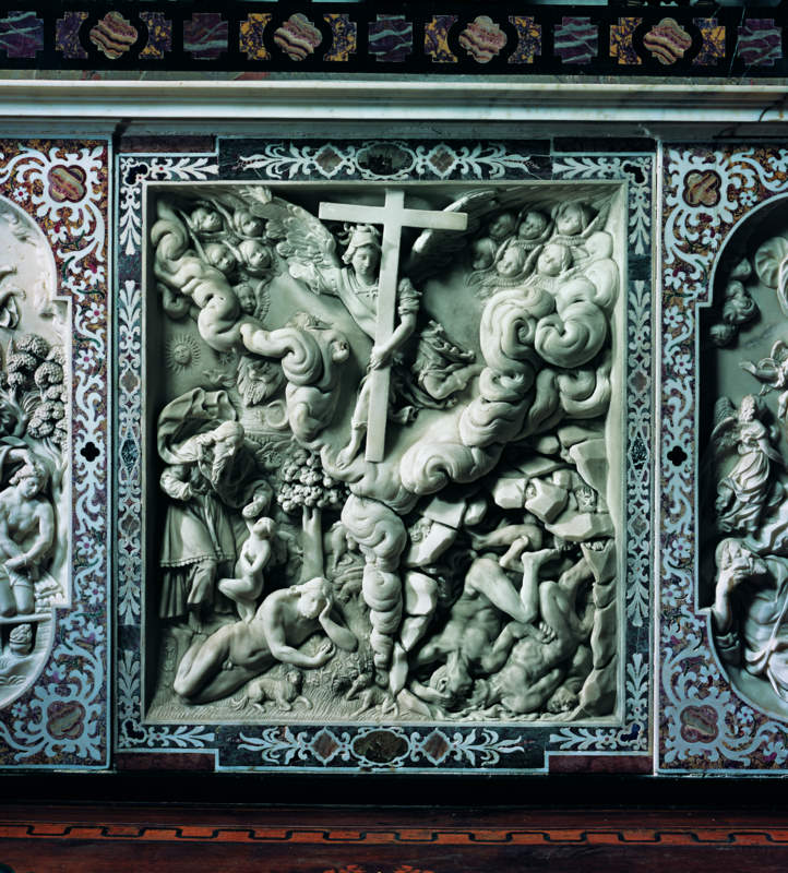 sacrificio di Isacco (a sinistra), creazione di Eva e caduta degli angeli ribelli (al centro), sogno di Giacobbe (a destra) (paliotto - a pannello scenografico, elemento d'insieme) di Orsolino Tommaso (sec. XVII)