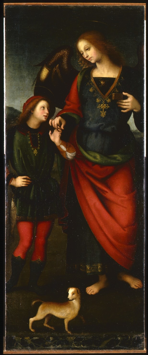 Tobia con il cane e l'angelo in viaggio (dipinto, elemento d'insieme) di Santagostino Giacomo Antonio (attribuito) (sec. XVII)