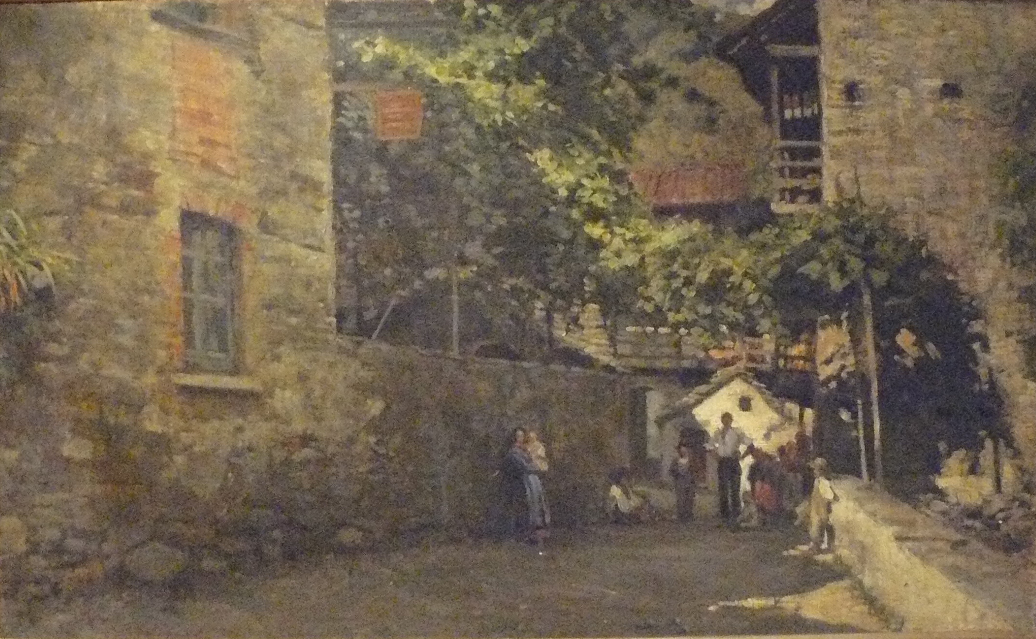 Strada a Carciano, Strada di paese con persone e alberi (dipinto) di Boggiani, Guido - ambito italiano (ultimo quarto XIX)