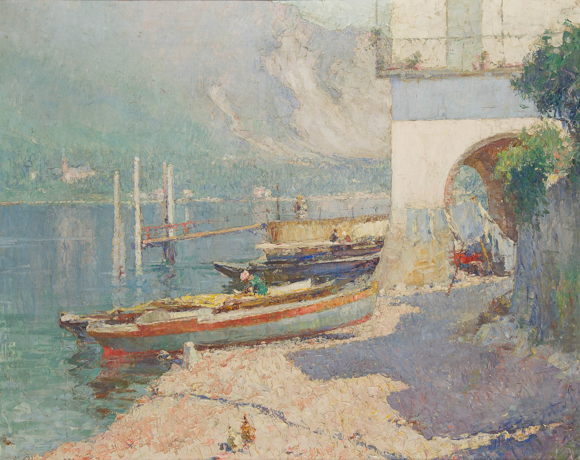 Mattinata di maggio all'Isola Pescatori, Paesaggio lacustre (dipinto) di Aimone Lidio - ambito italiano (prima metà XX)