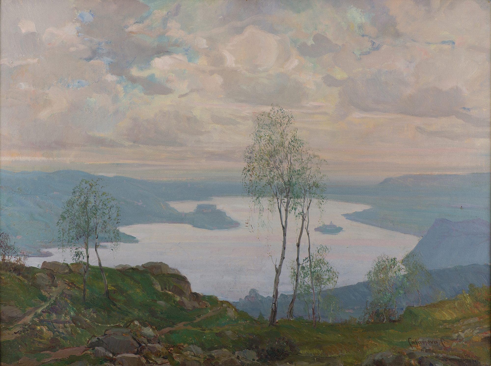 il lago d'Orta dal Cerci, Paesaggio lacustre (dipinto) di Casanova, Carlo - ambito italiano (prima metà XX)