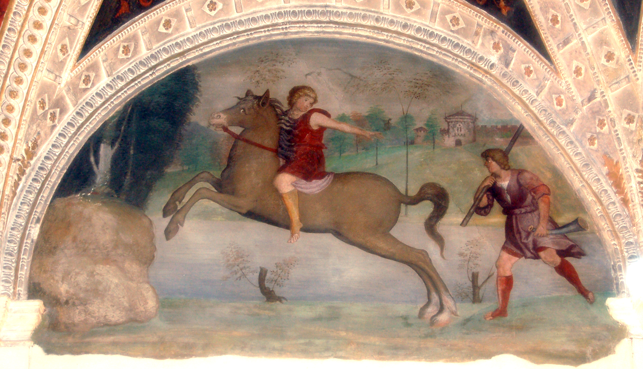 cavaliere e cacciatore (decorazione pittorica) di Leonbruno Lorenzo (e aiuti) (sec. XVI)