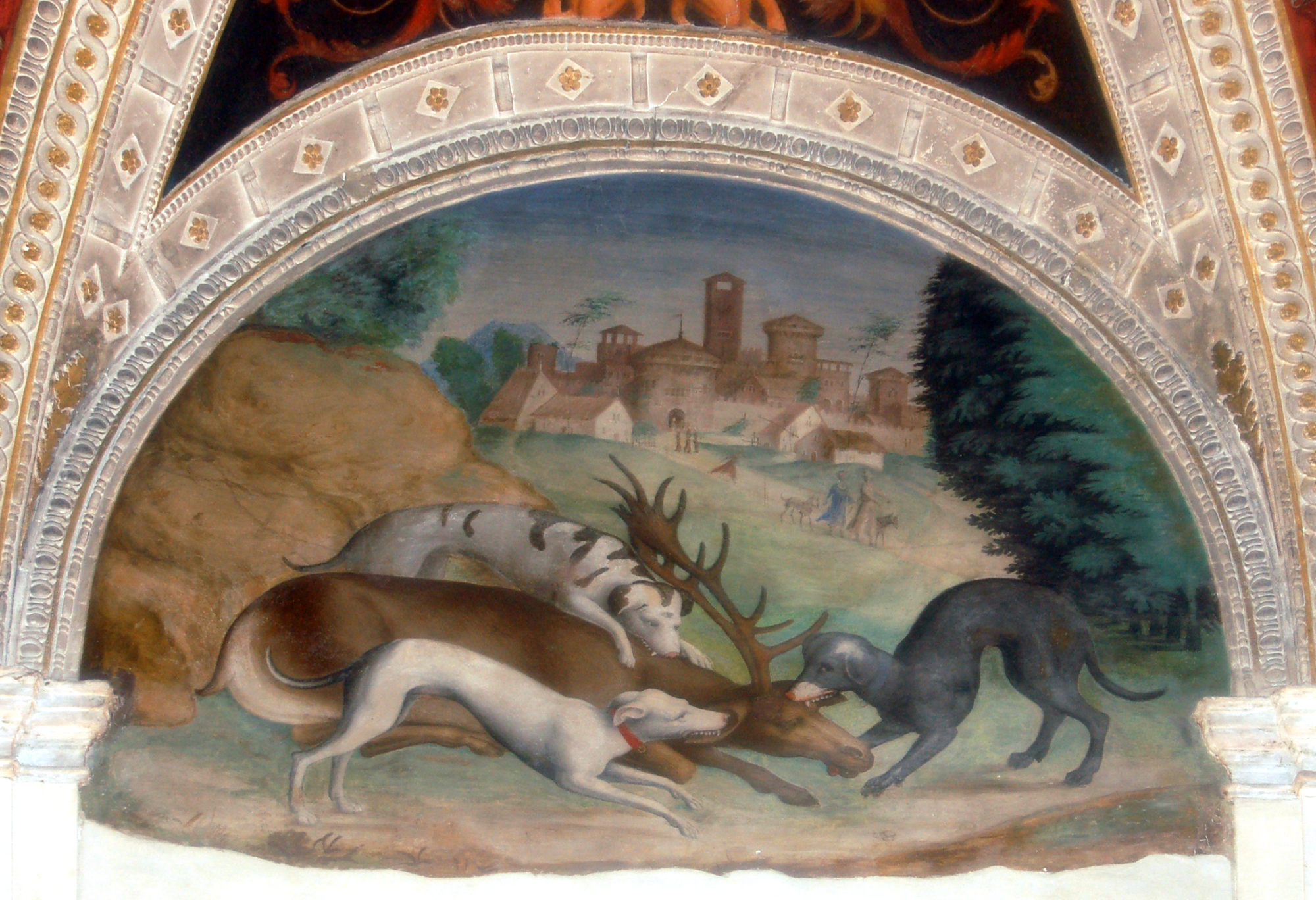 scena di caccia (decorazione pittorica) di Leonbruno Lorenzo (e aiuti) (sec. XVI)