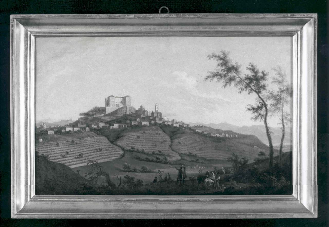 Vue du Chateau de Gouvon, VEDUTA DEL CASTELLO DI GOVONE (DIPINTO, elemento d'insieme) di Cignaroli, Angelo, Cignaroli, Vittorio Amedeo (fine/ inizio sec. XIX)