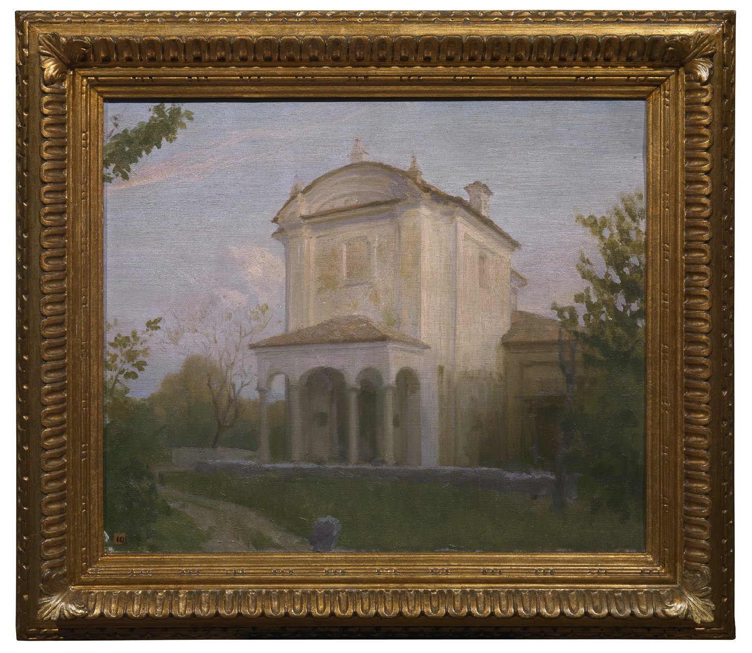 Serenità crepuscolare, Veduta di edificio sacro con porticato (dipinto) di Pizio Oreste (primo quarto sec. XX)