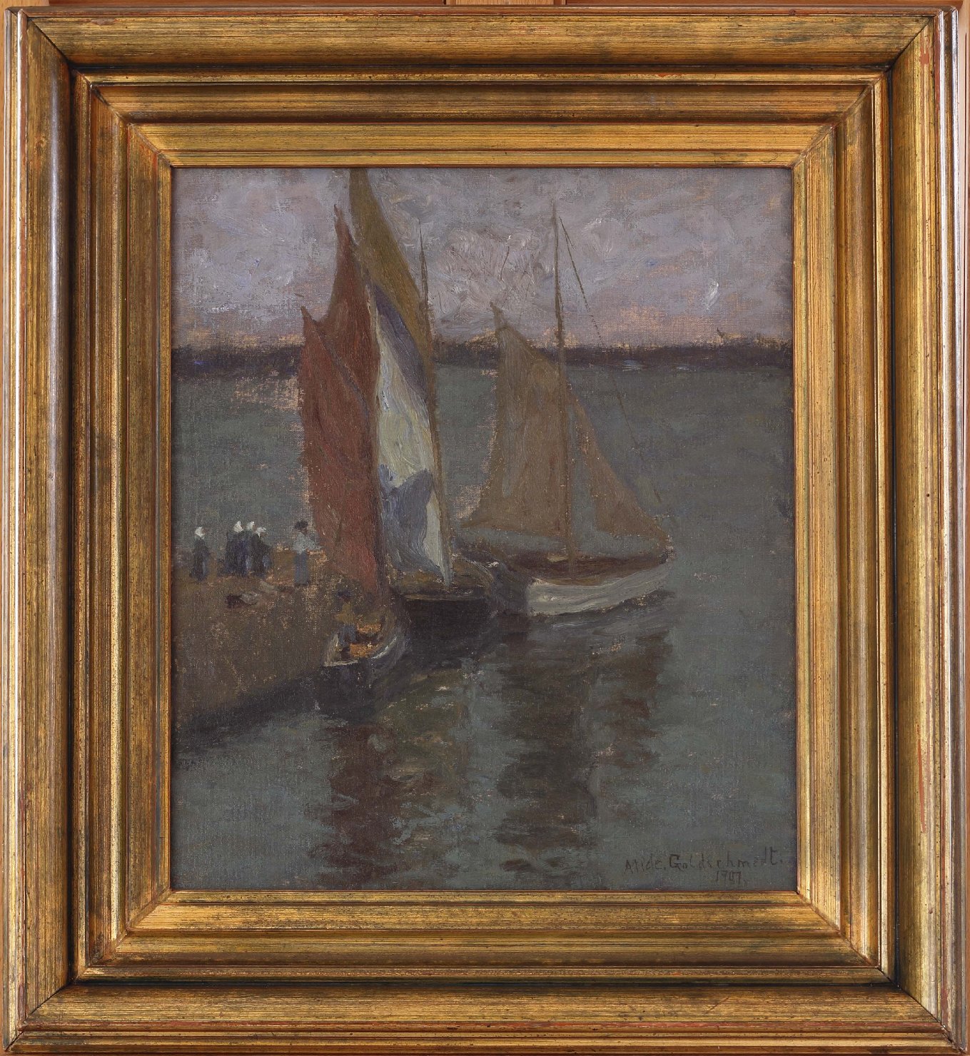 Barche a vela, marina con pescatori e barche (dipinto) di Goldschmedt Alide (sec. XX)
