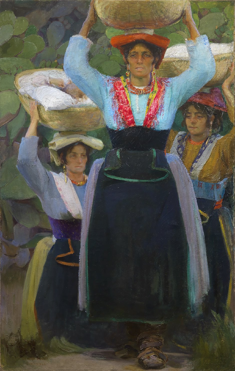 Donne di Terracina, Le culle, Contadine che trasportano grandi ceste (dipinto) di Bocchi Amedeo (primo quarto sec. XX)