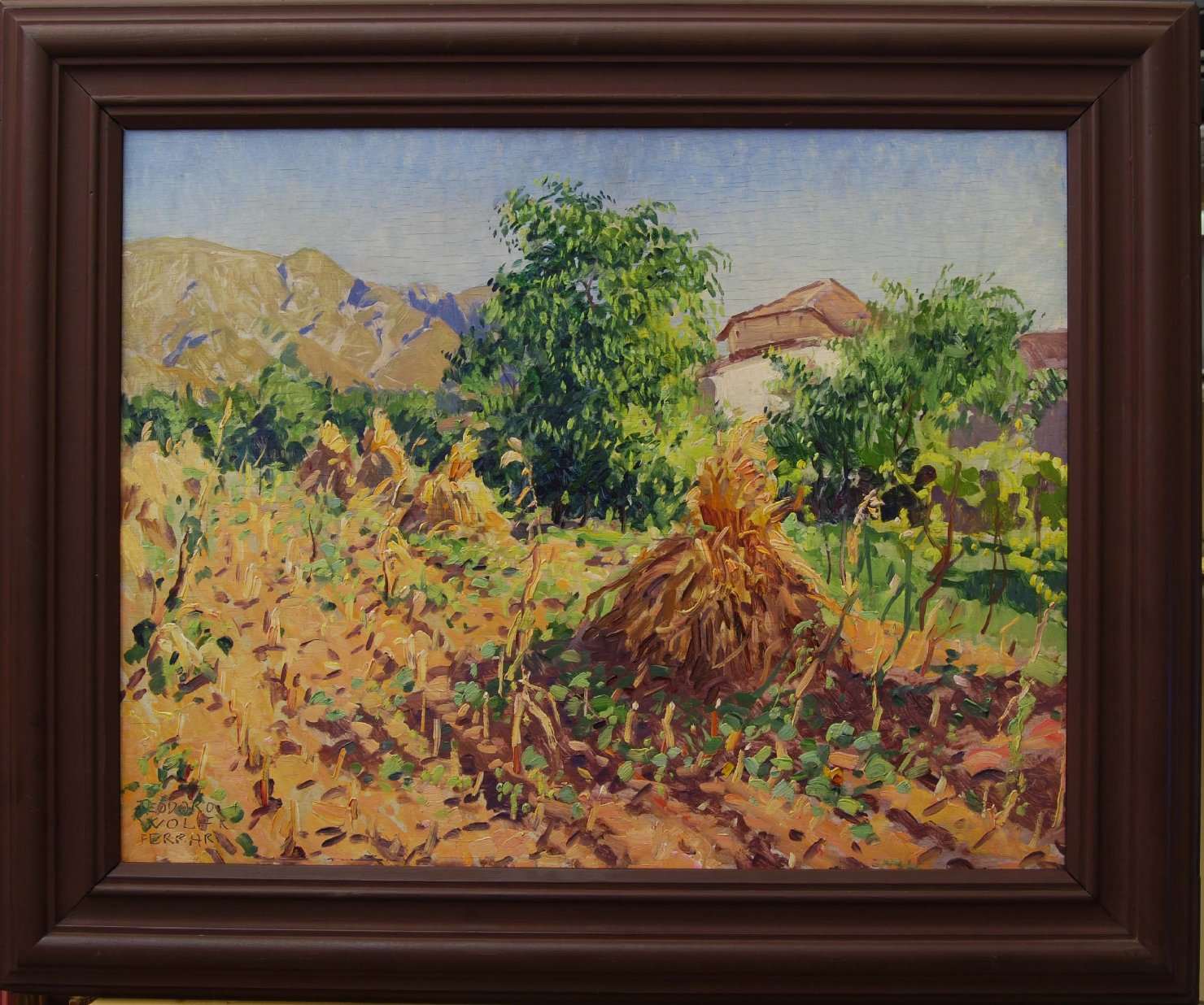 Lavori di granturco sotto il Grappa, paesaggio rurale (dipinto) di Wolf Ferrari Teodoro (sec. XX)