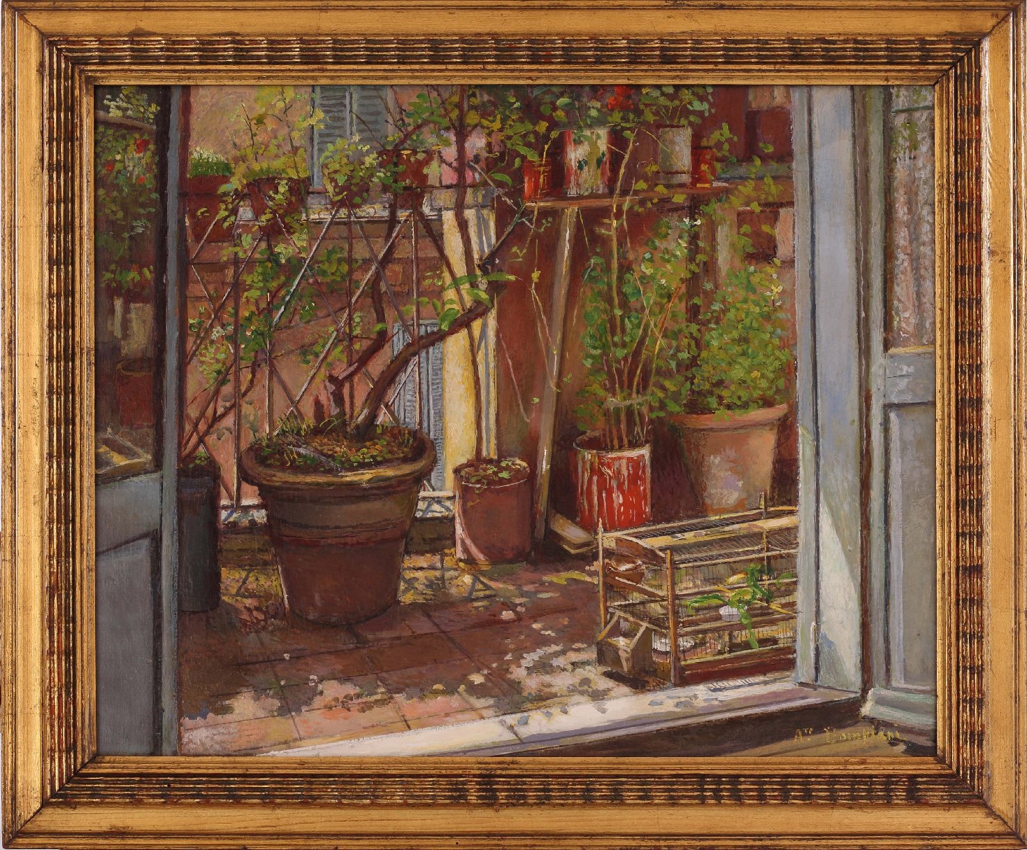 Finestra con fiori, Veduta di balcone con fiori (dipinto) di Bompiani Augusto (primo quarto sec. XX)