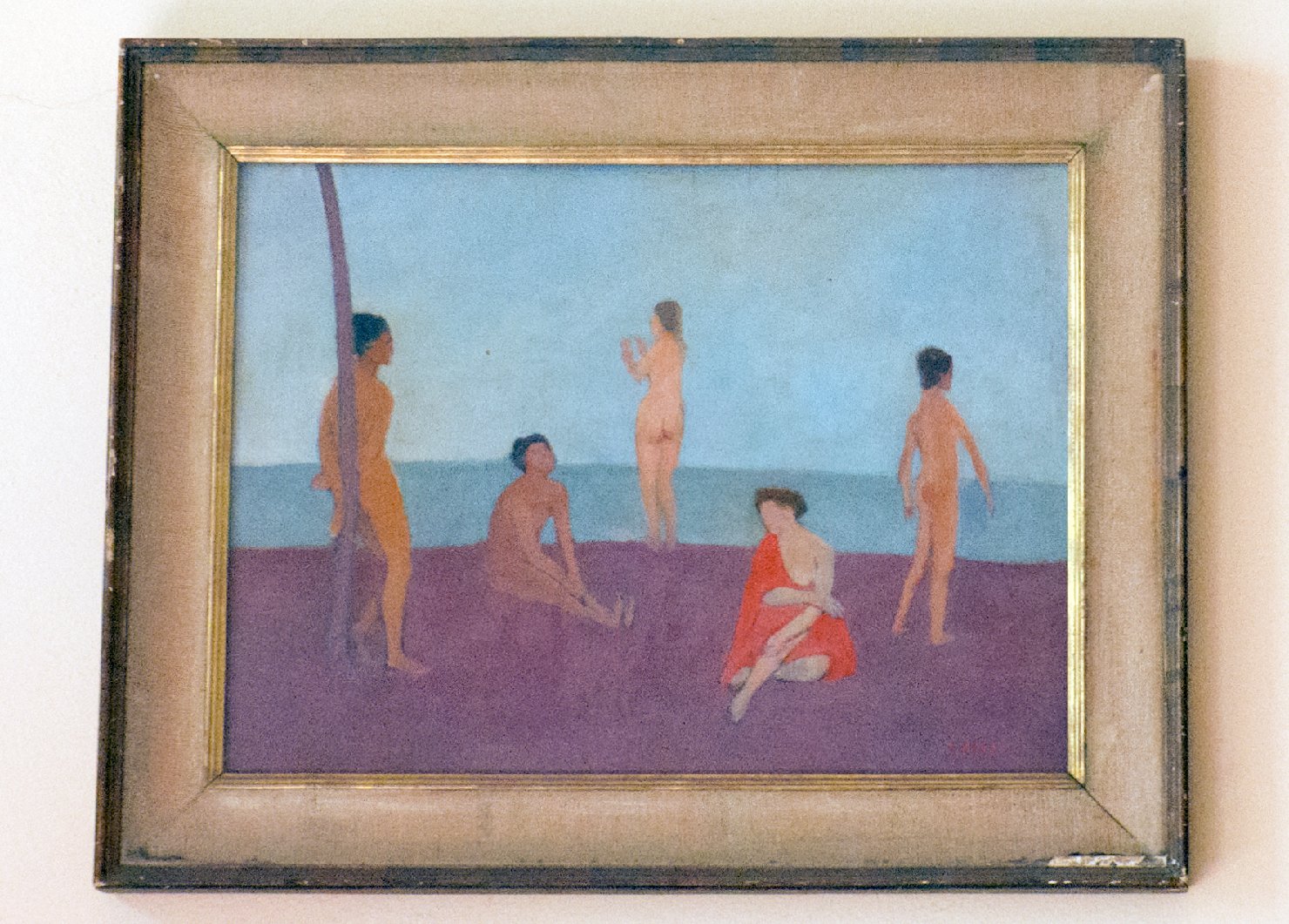 Bagnanti, Cinque figure sulla spiaggia (dipinto, opera isolata) di Griselli Italo Orlando (sec. XX)
