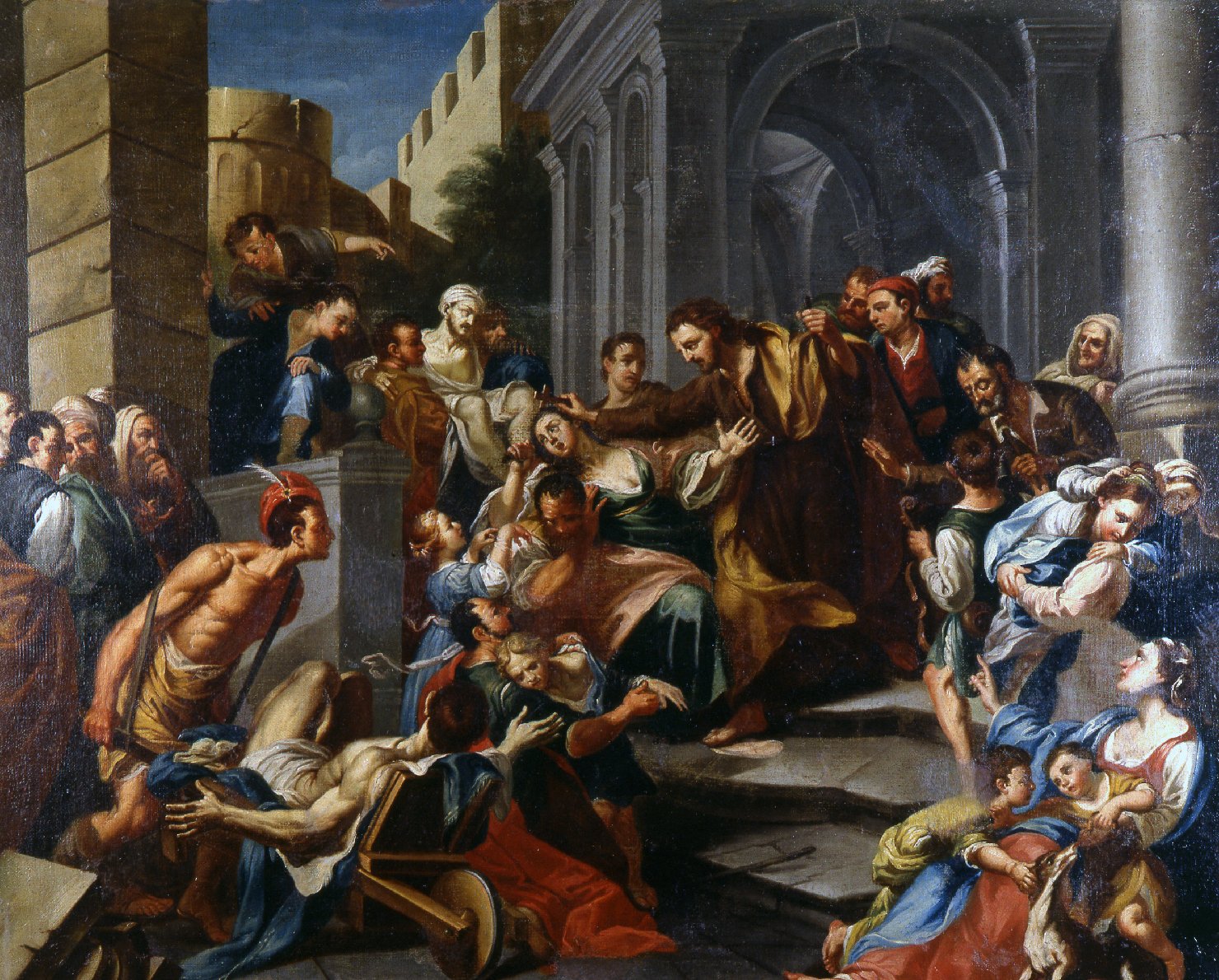 San Ranieri libera un'ossessa, Miracoli di San Ranieri (dipinto) di Muratori Domenico Maria (sec. XVIII)