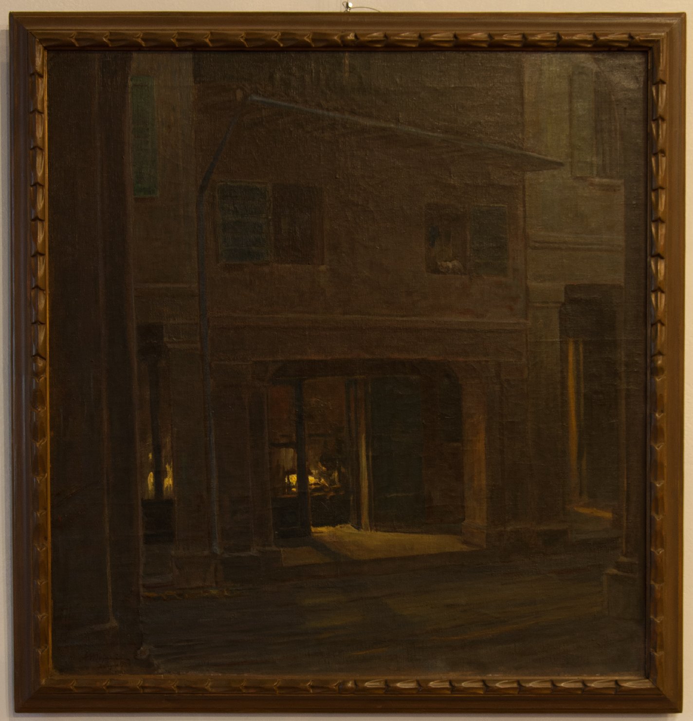 La casa del ciabattino, Veduta notturna di edificio cittadino (dipinto) di Majani Augusto detto Nasica (sec. XX)