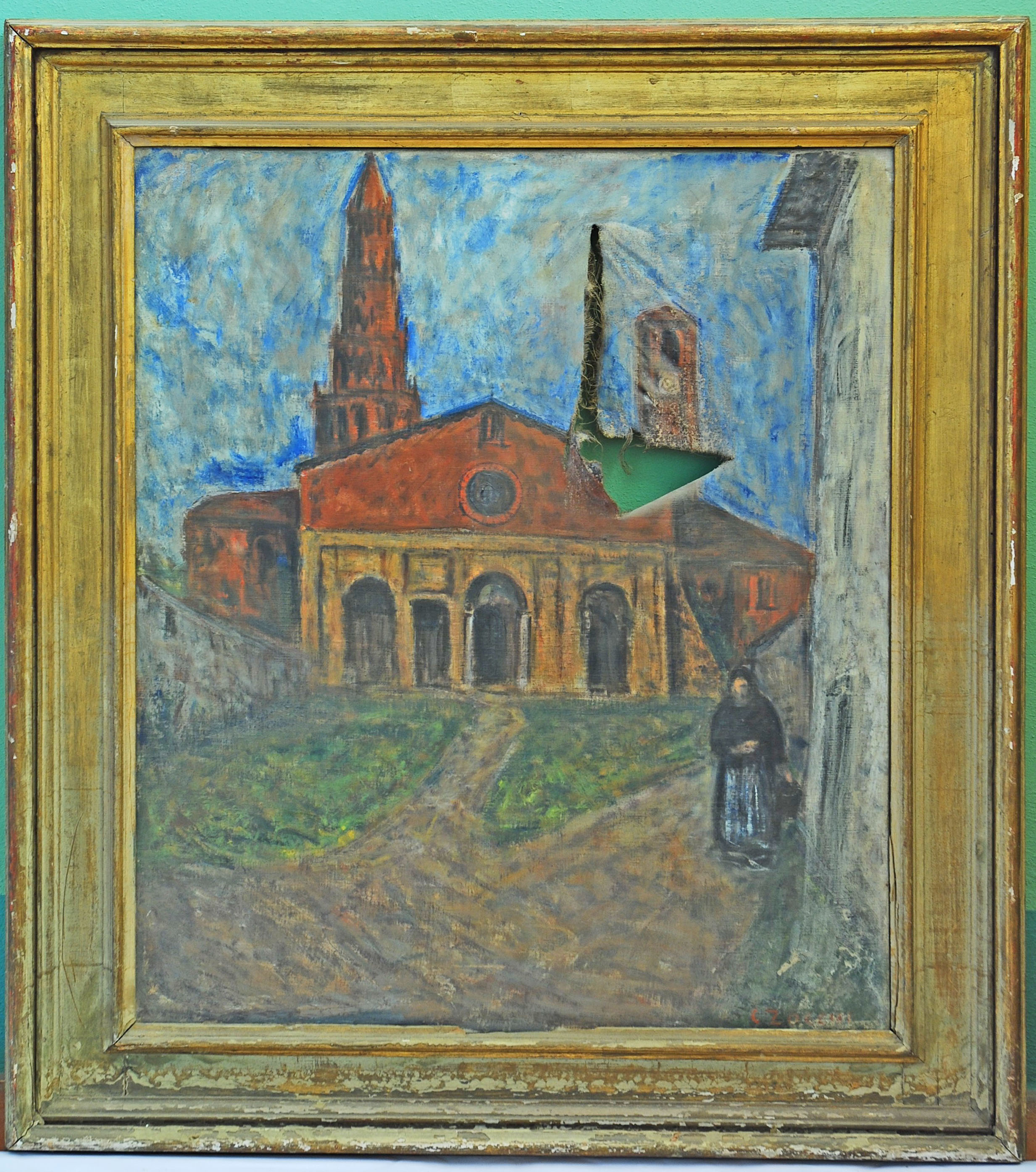 Chiostro di Chiaravalle, Paese lombardo, Veduta di edificio sacro con portico (dipinto) di Zocchi Carlo (prima metà sec. XX)