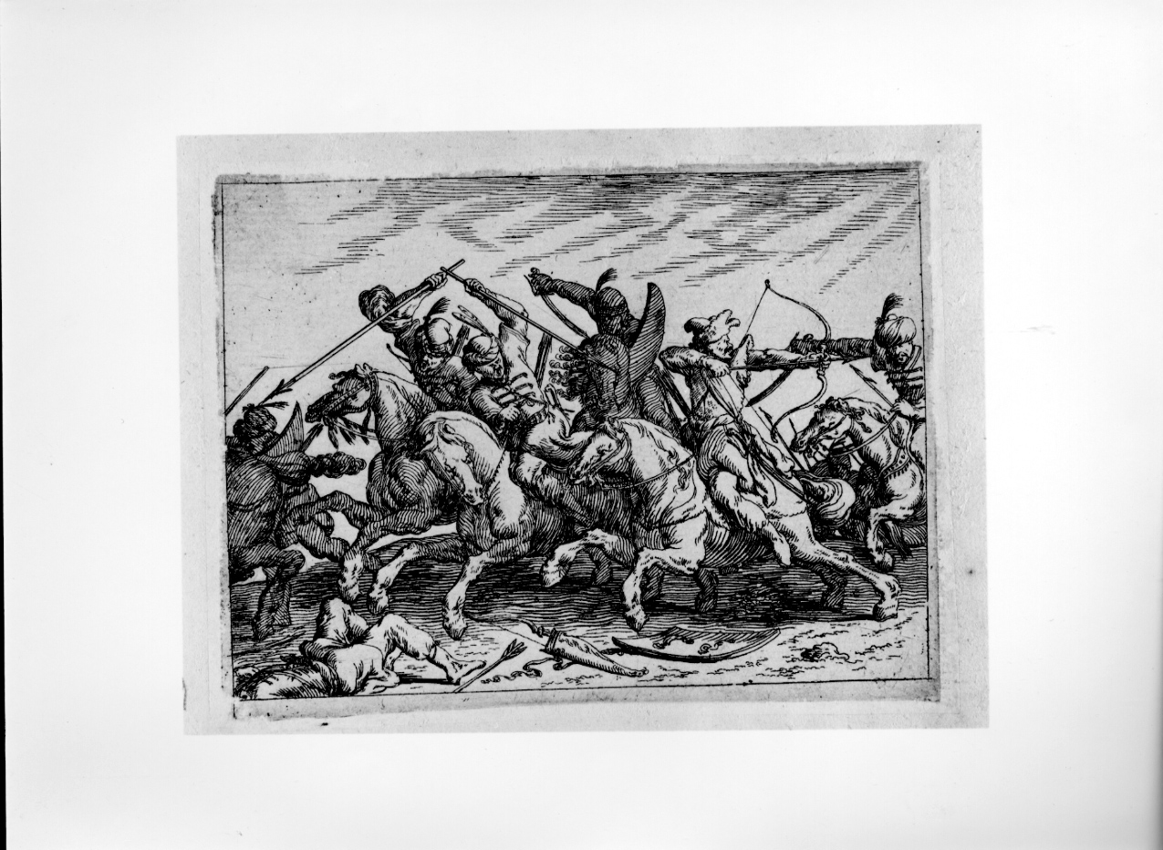 Arciere a cavallo, battaglia (stampa) di Baur Johann Wilhelm (secondo quarto sec. XVII)