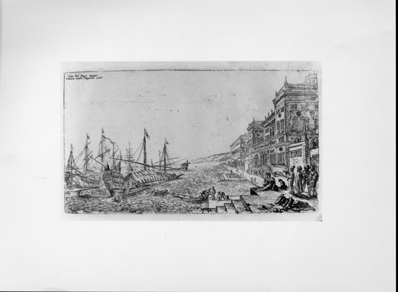 Il molo, porto con architetture e navi allo scalo (stampa) di Baur Johann Wilhelm (secondo quarto sec. XVII)