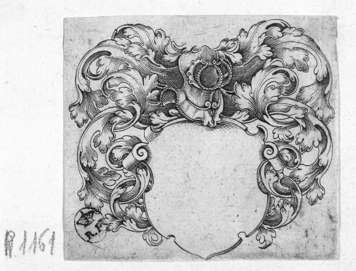 Fregio, fregio per stemma (stampa smarginata) di de Bry Theodor - ambito fiammingo (fine sec. XVI)