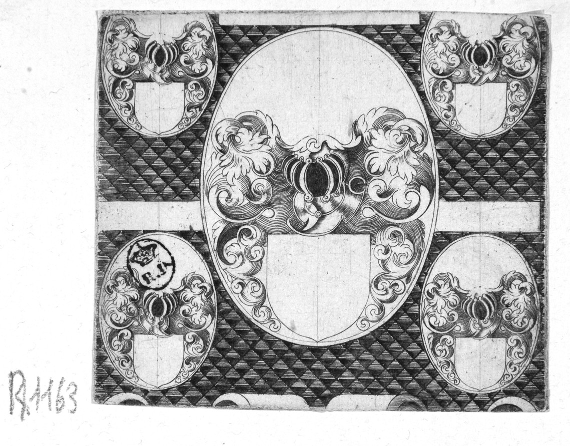 Fregio, fregio per stemma (stampa smarginata) di de Bry Theodor - ambito fiammingo (fine sec. XVI)
