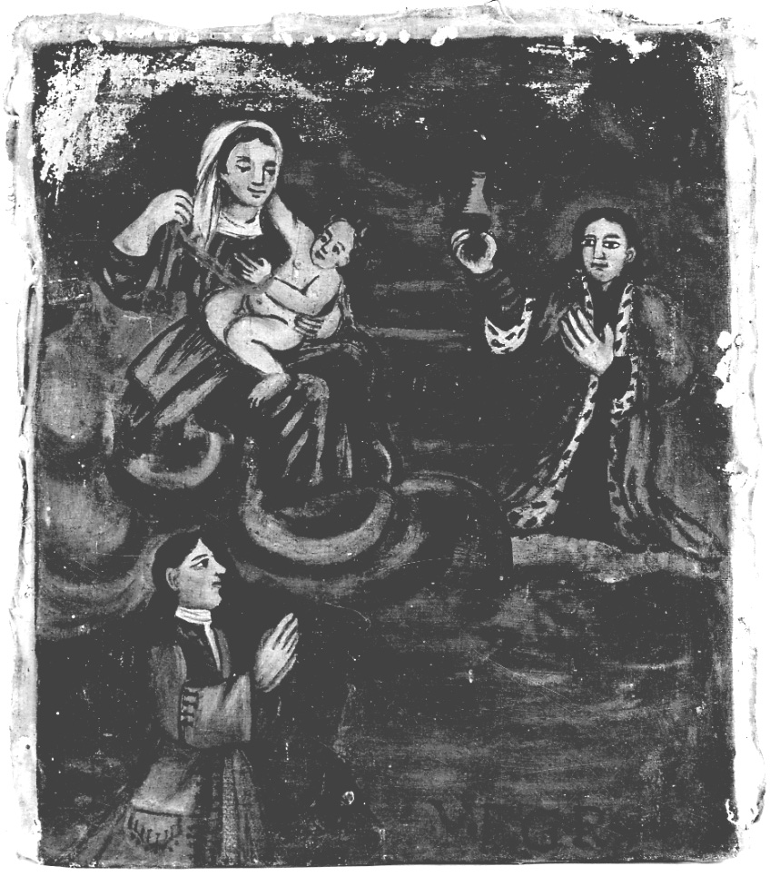Madonna del Carmelo e San Pantaleone intercedono per devoto (dipinto, opera isolata) - ambito della Valsesia (sec. XVIII)