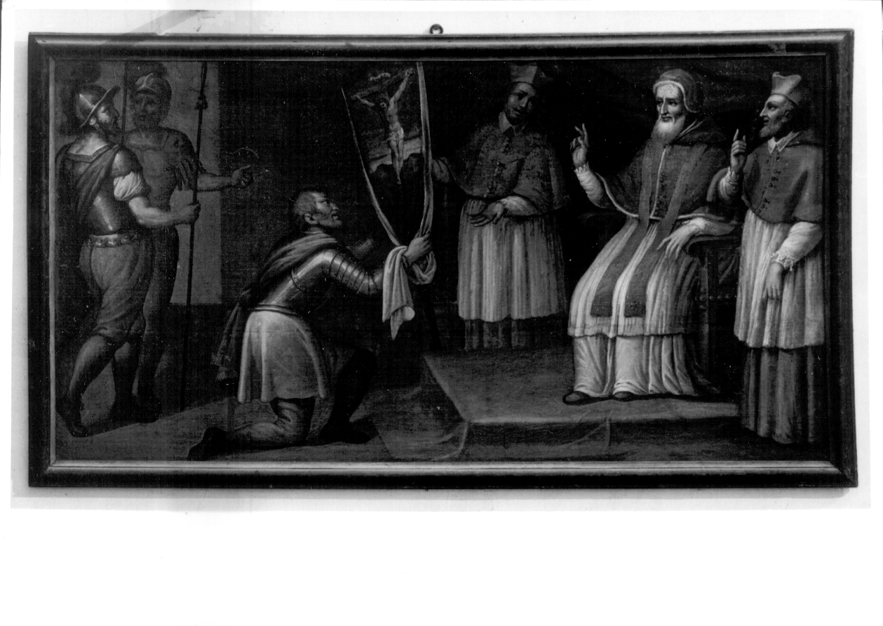 Papa Pio V benedice lo stemma di Marcantonio Colonna prima della battaglia di Lepanto (dipinto, opera isolata) - ambito lombardo-piemontese (ultimo quarto sec. XVII)