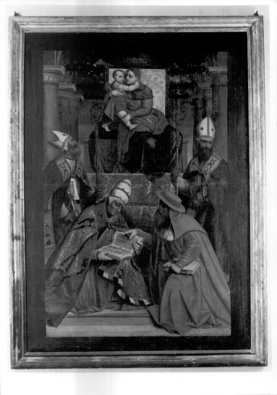 Madonna con Bambino in trono e Padri della Chiesa (dipinto, opera isolata) di Cossali Grazio (attribuito) (fine sec. XVI)