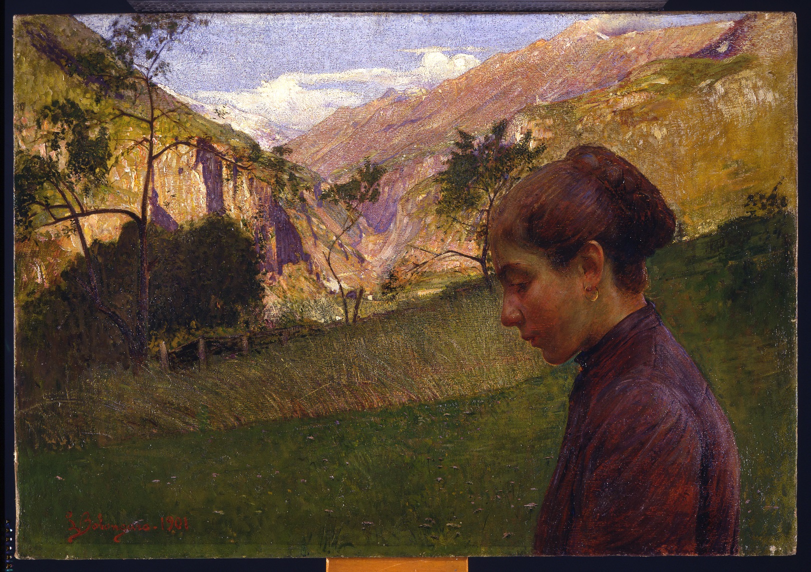 Fanciulla a Varzo, paesaggio (dipinto) di Bolongaro, Luigi - ambito italiano (XX)