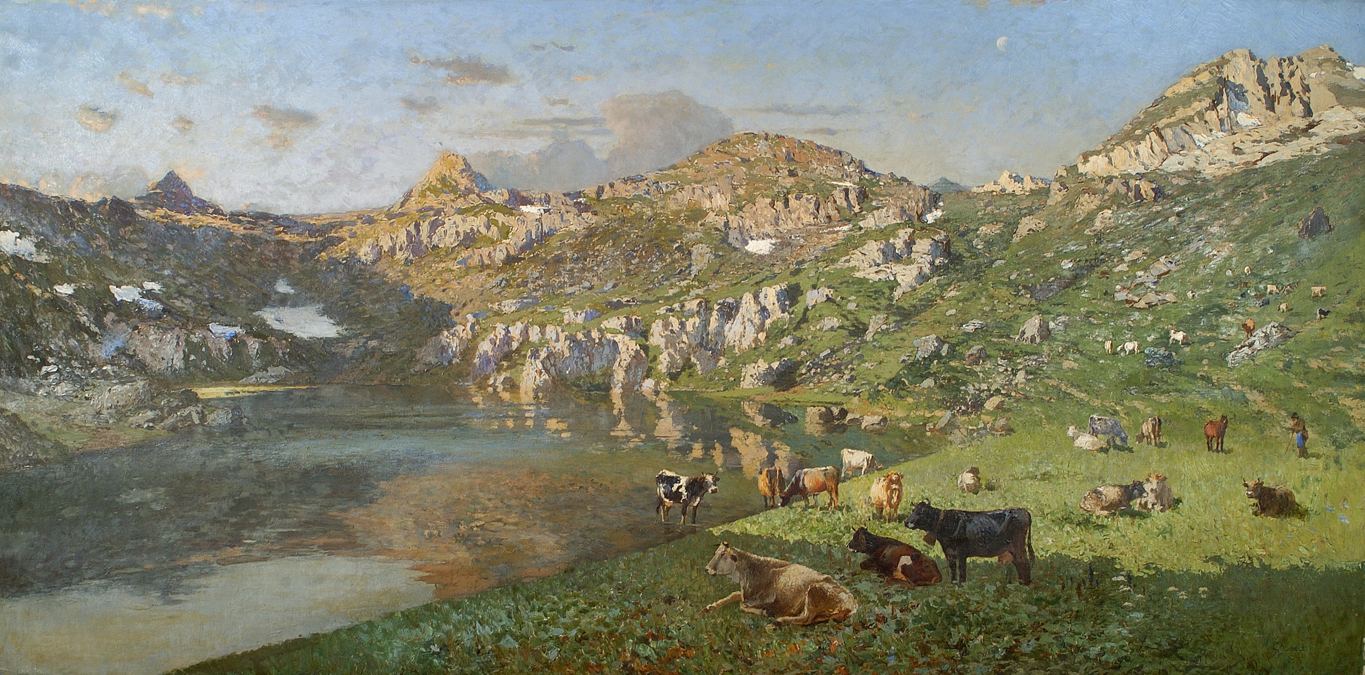 pascolo alpestre - lago alpino (dipinto) di Ricci, Guido (fine XIX)