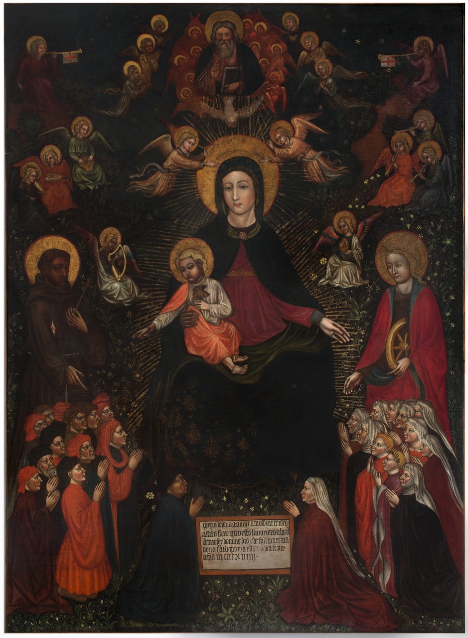 Madonna della Carità, Madonna con il Bambino tra San Francesco, Santa Caterina e devoti (dipinto, opera isolata) di Maestro di Roncaiette (attribuito) (primo quarto sec. XV)