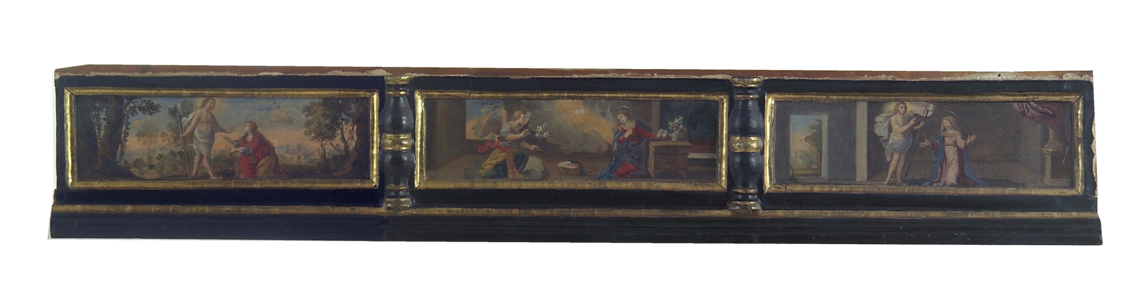 Cristo con Santa Maria Maddalena/ Annunciazione/ apparizione di Cristo risorto a Santa Maria Maddalena (predella) - ambito toscano (sec. XVII)