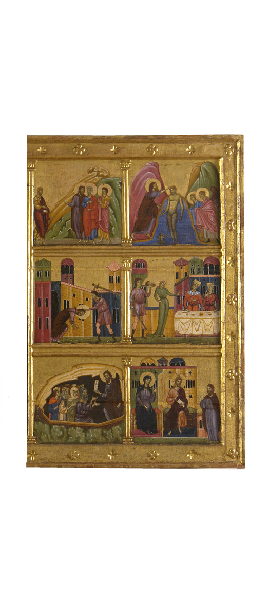 la testa di San Giovanni Battista è portata sulla tavola del banchetto (scomparto di dossale, elemento d'insieme) - ambito senese (sec. XIII)