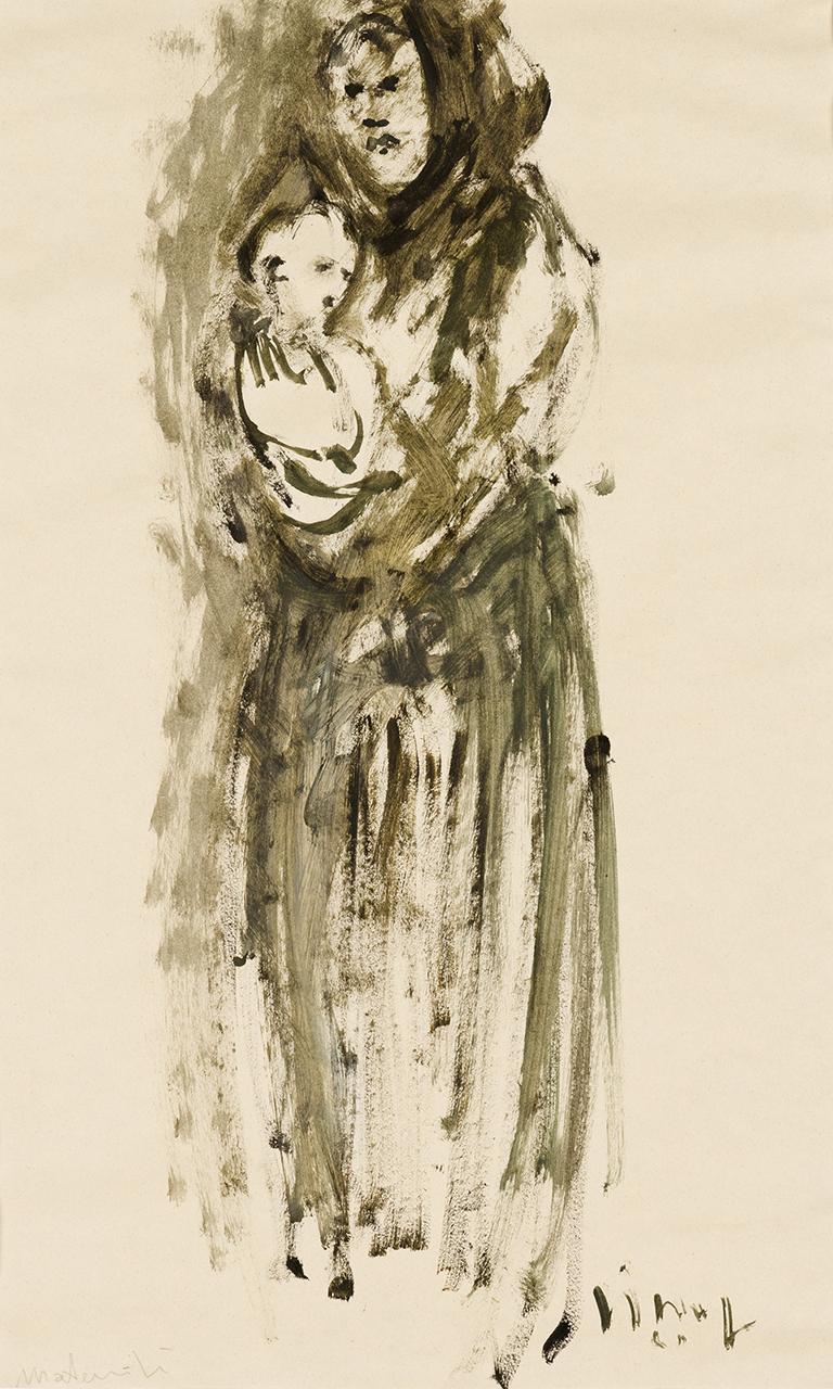 Maternità, figura femminile con bambino (disegno) di Pinese Martino (sec. XX)