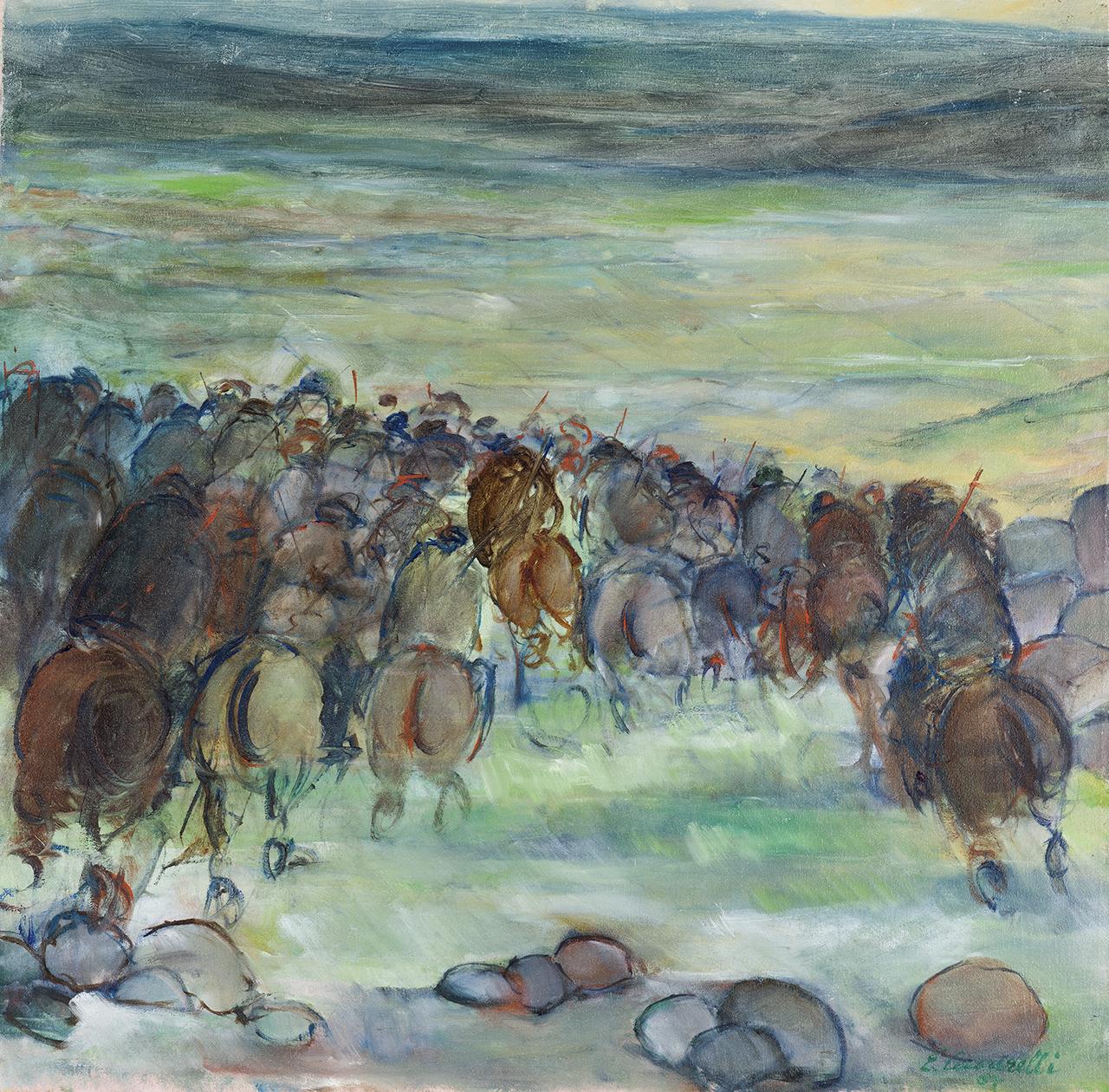 Partenza, scena di caccia (dipinto) di Ceccarelli Ernesto - ambito italiano (seconda metà sec. XX)