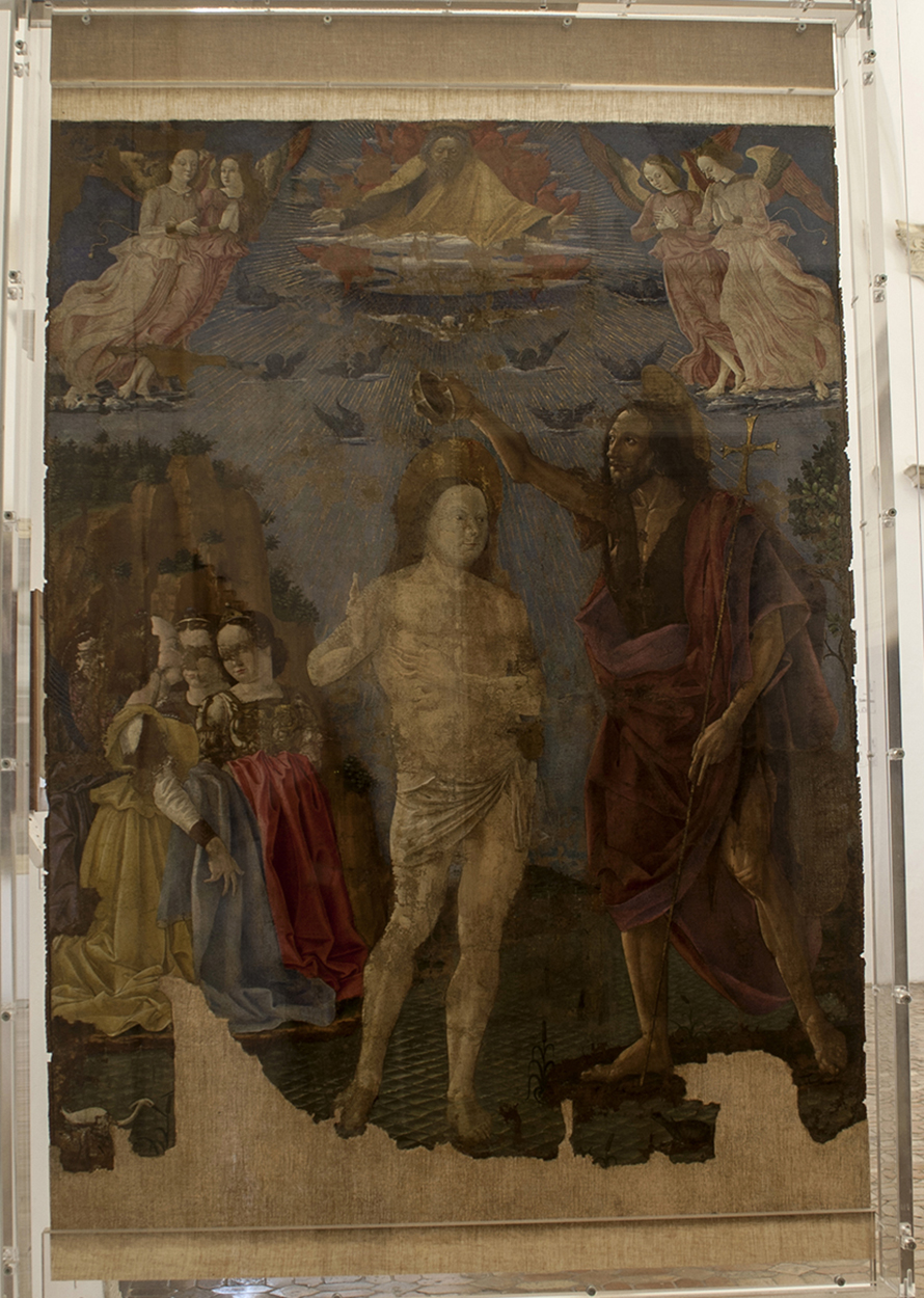 Battesimo di Cristo, Predica di San Giovanni Battista (stendardo, opera isolata) - ambito urbinate (terzo quarto sec. XV)