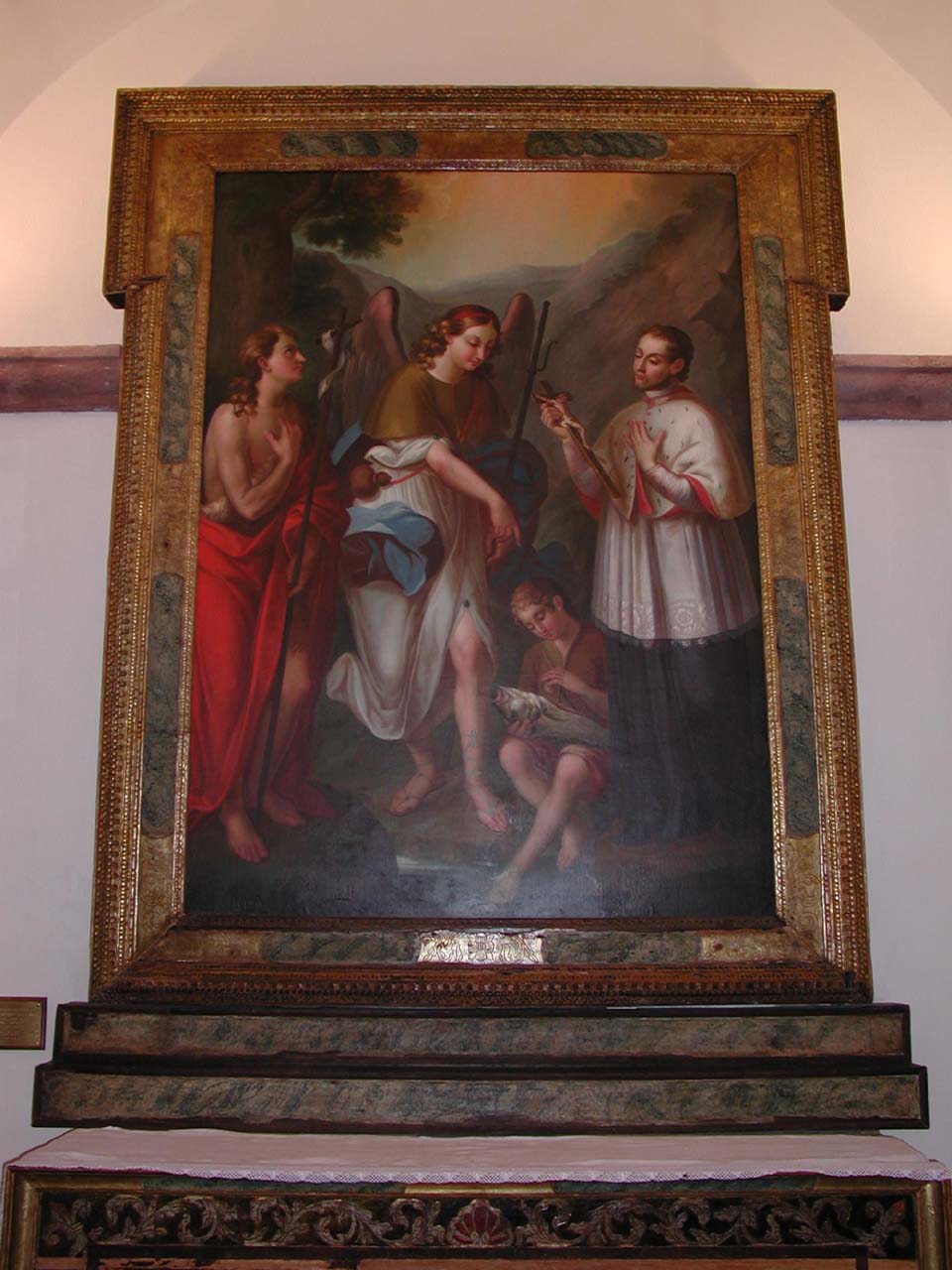 San Giovanni Battista, San Raffaele Arcangelo con Tobiolo e San Giovanni Nepomuceno (dipinto) di Caboni Antonio (sec. XIX)