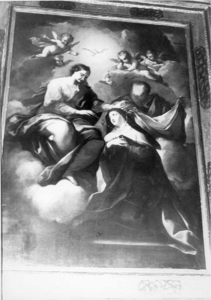 Santa Teresa d'Avila riceve la collana e il mantello dalla Madonna e San Giuseppe (dipinto) - ambito piemontese (sec. XVIII)