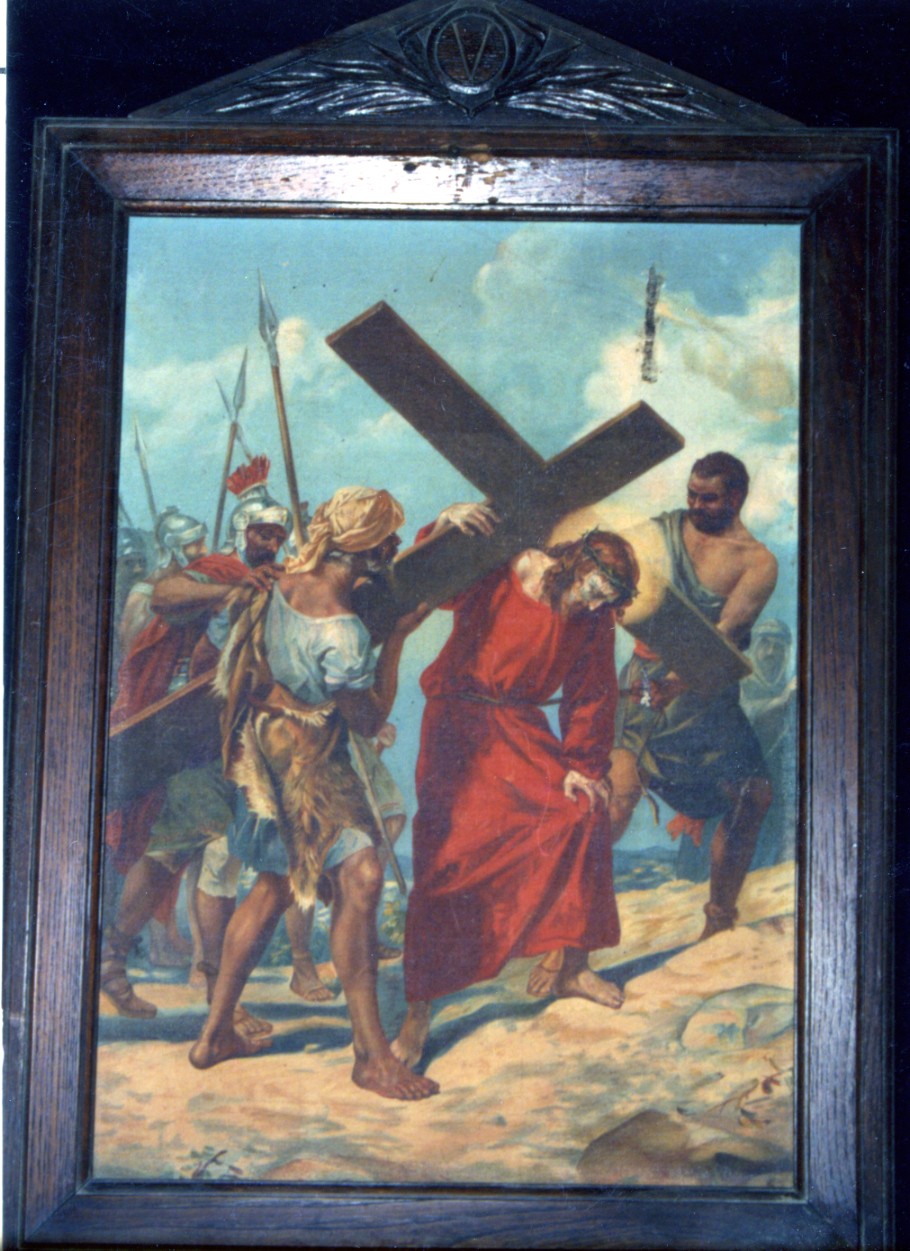 stazione V: Gesù aiutato da Simone il Cireneo a portare la croce (Via Crucis, ciclo) - bottega italiana (fine/ inizio secc. XIX/ XX)