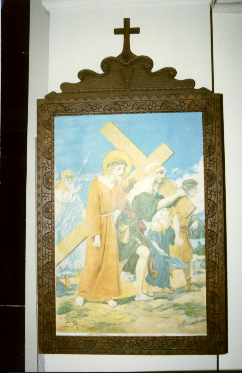 stazione V: Gesù aiutato da Simone il Cireneo a portare la croce (Via Crucis, ciclo) - bottega italiana, bottega sarda (inizio sec. XX)