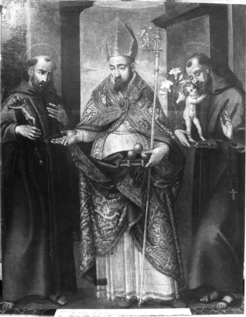 San Nicola di Bari tra Sant'Antonio da Padova e San Francesco d'Assisi (dipinto) di Gorini Baccio (attribuito) (secc. XVI/ XVII)
