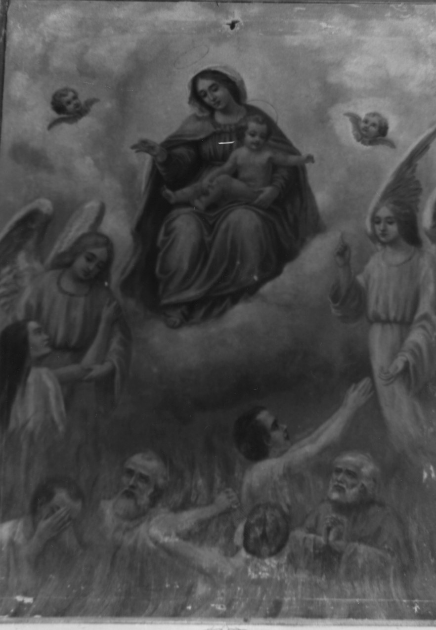 Madonna con Bambino e angeli che portano le Anime Purganti a salvezza (dipinto) - bottega sarda (fine sec. XIX)