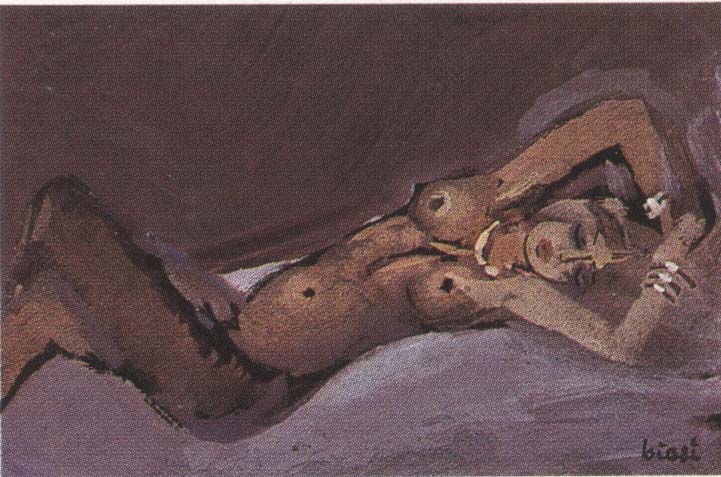 Ragazza nuda sul viola (dipinto) di Biasi Giuseppe (secondo quarto sec. XX)