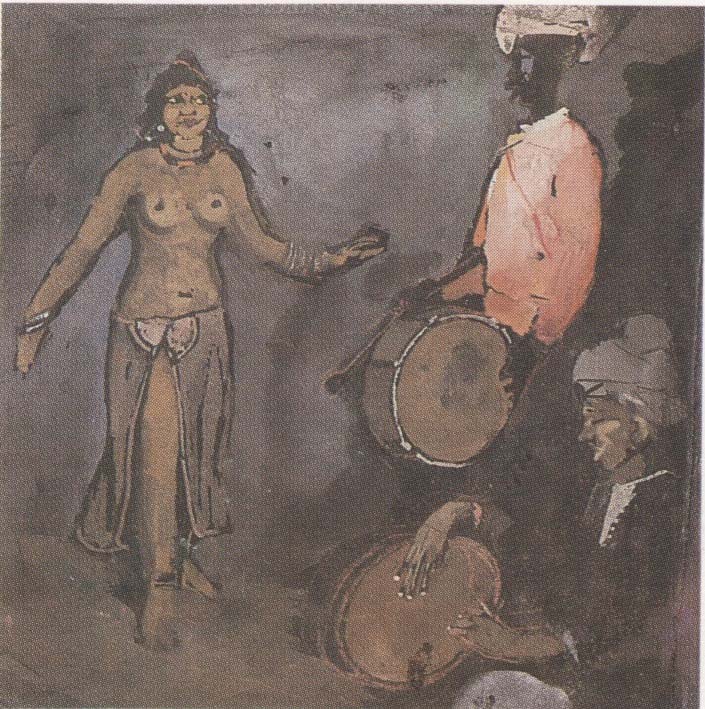 Danzatrice con musicanti (dipinto) di Biasi Giuseppe (secondo quarto sec. XX)