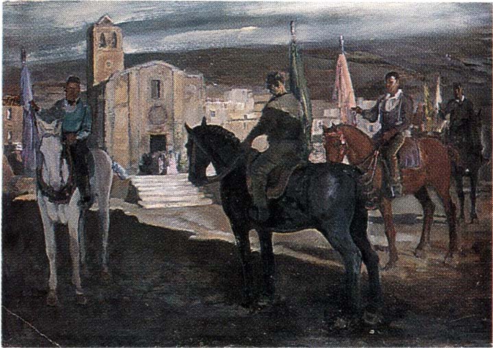 Cavalieri con bandiere (dipinto) di Biasi Giuseppe (secondo quarto sec. XX)