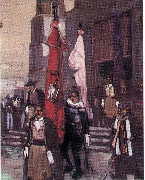 Obrieri con stendardi (dipinto) di Biasi Giuseppe (secondo quarto sec. XX)