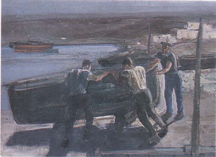 Barcaioli a Stintino (dipinto) di Biasi Giuseppe (prima metà sec. XX)