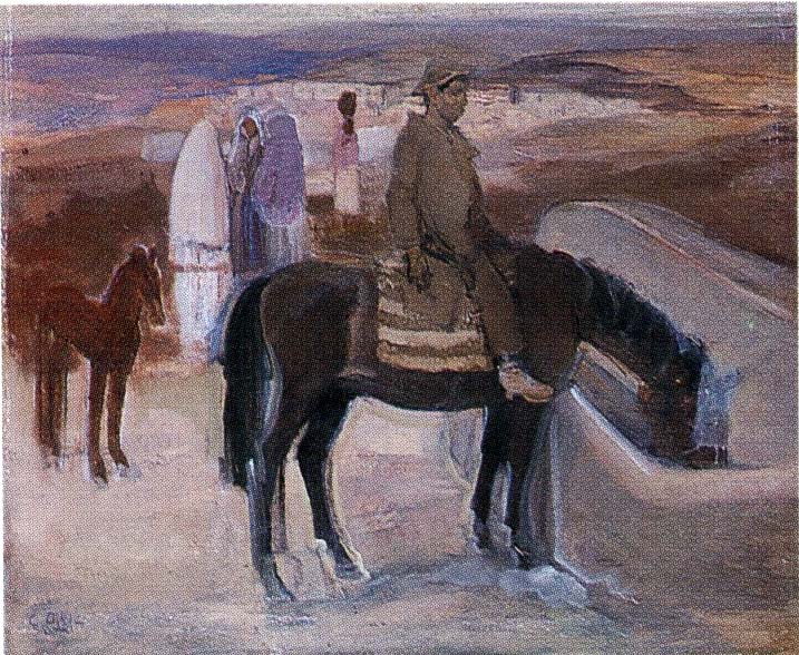 Uomo a cavallo in Logudoro (dipinto) di Biasi Giuseppe (secondo quarto sec. XX)