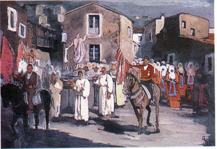 Processione a Fonni (dipinto) di Biasi Giuseppe (secondo quarto sec. XX)