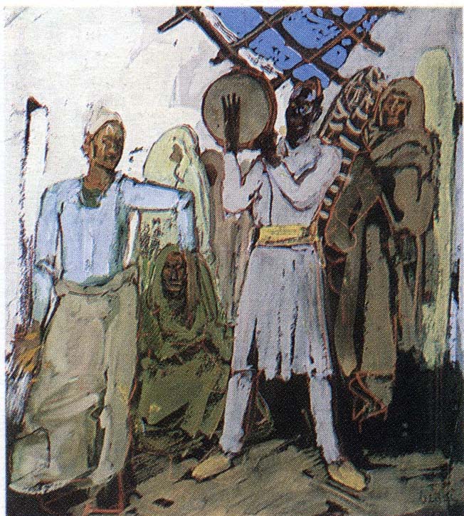 Danzatore e musicanti (dipinto) di Biasi Giuseppe (secondo quarto sec. XX)