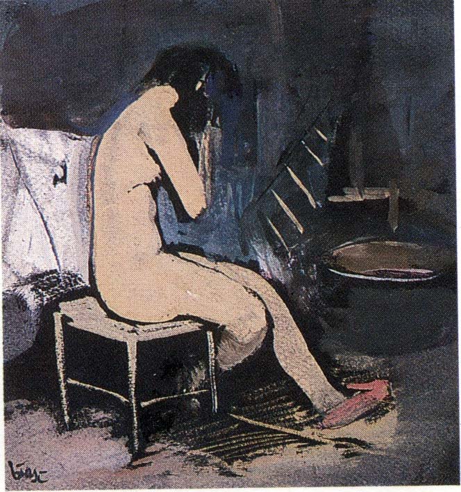 Nudo di ragazza con catino e sedia (dipinto) di Biasi Giuseppe (secondo quarto sec. XX)
