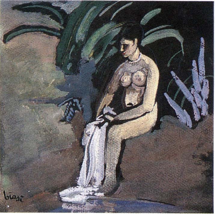 Ragazza nuda al fiume (dipinto) di Biasi Giuseppe (secondo quarto sec. XX)
