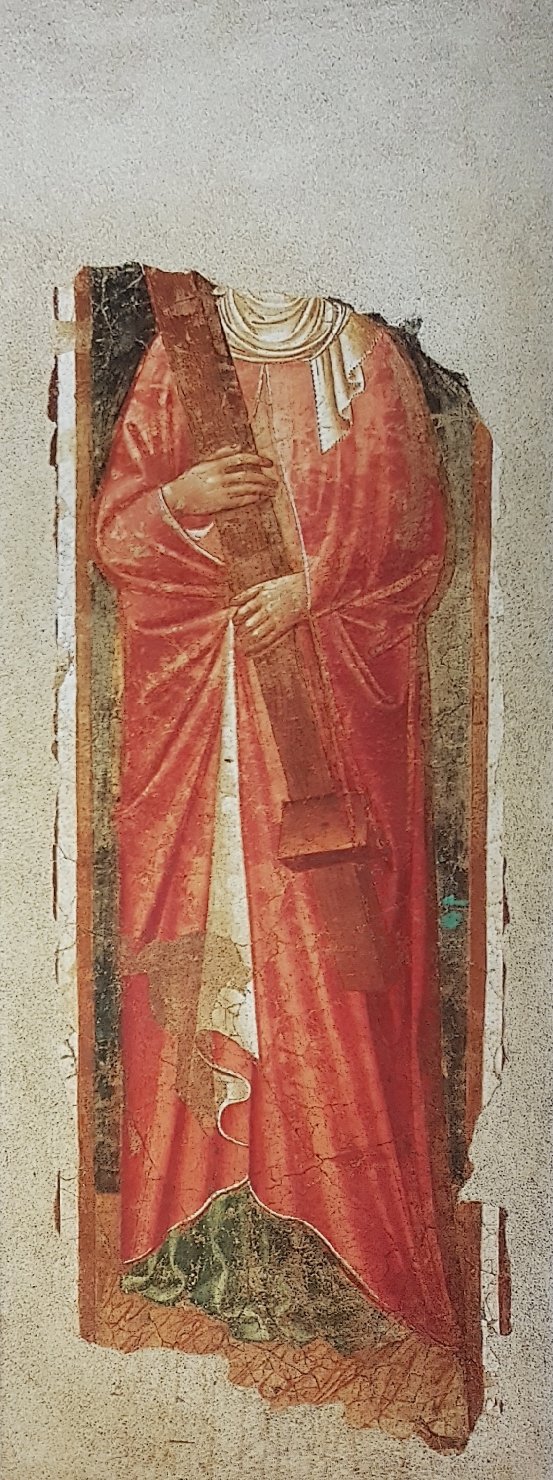 personaggio che sostiene il braccio di una croce (dipinto, frammento) di Spinello Aretino (attribuito) (sec. XIV)