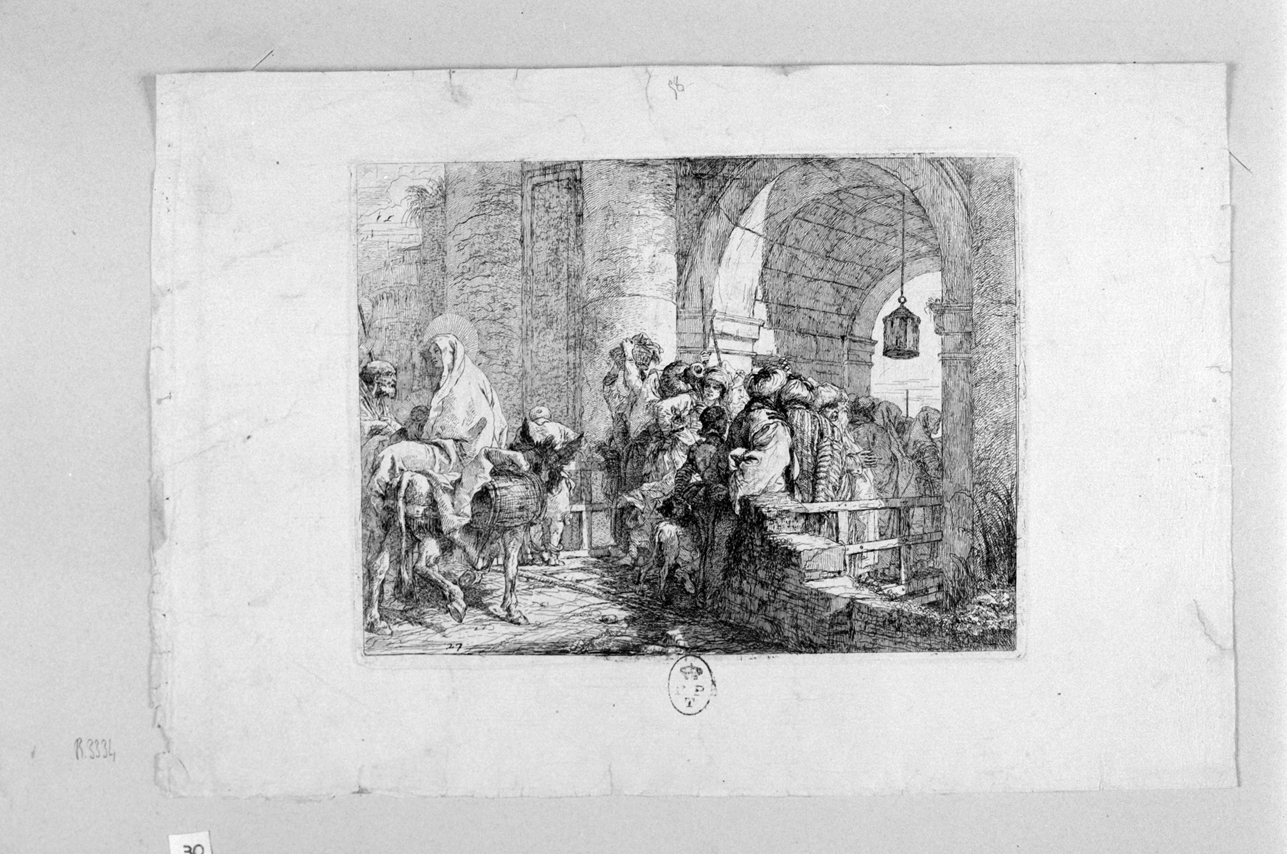 la Sacra famiglia alle porte di una città, Sacra Famiglia alle porte di una città (stampa) di Tiepolo Gian Domenico (seconda metà sec. XVIII)